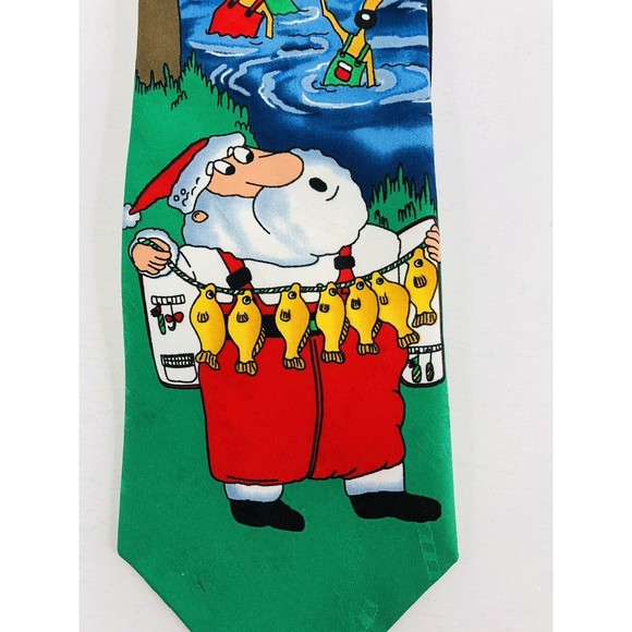 Hallmark Christmas Santa Claus Fishing Reindeer Holiday Necktie 100% Polyester - Picture 2 of 5